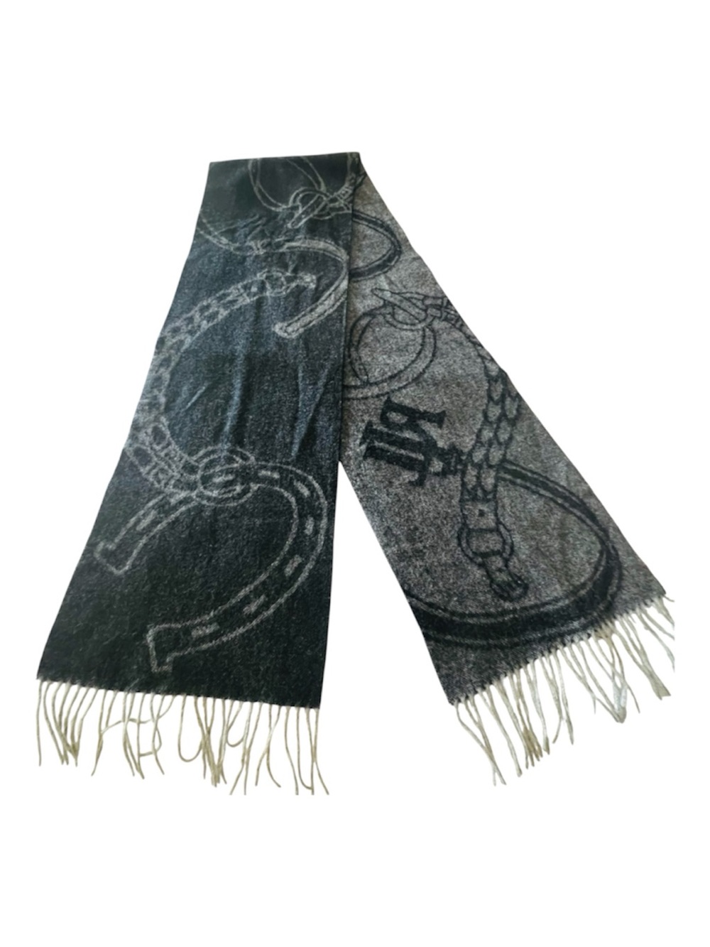 Lauren Ralph Lauren Gray Equestrian Pattern Wool Fringe Scarf